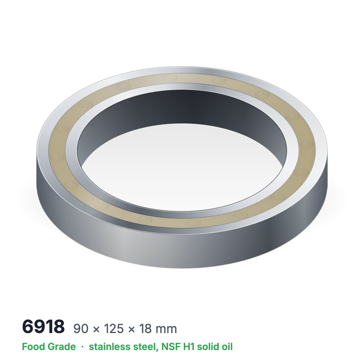 6918 food grade solid oil ball bearing, 90 × 125 × 18 mm, stainless steel with NSF H1 solid oil