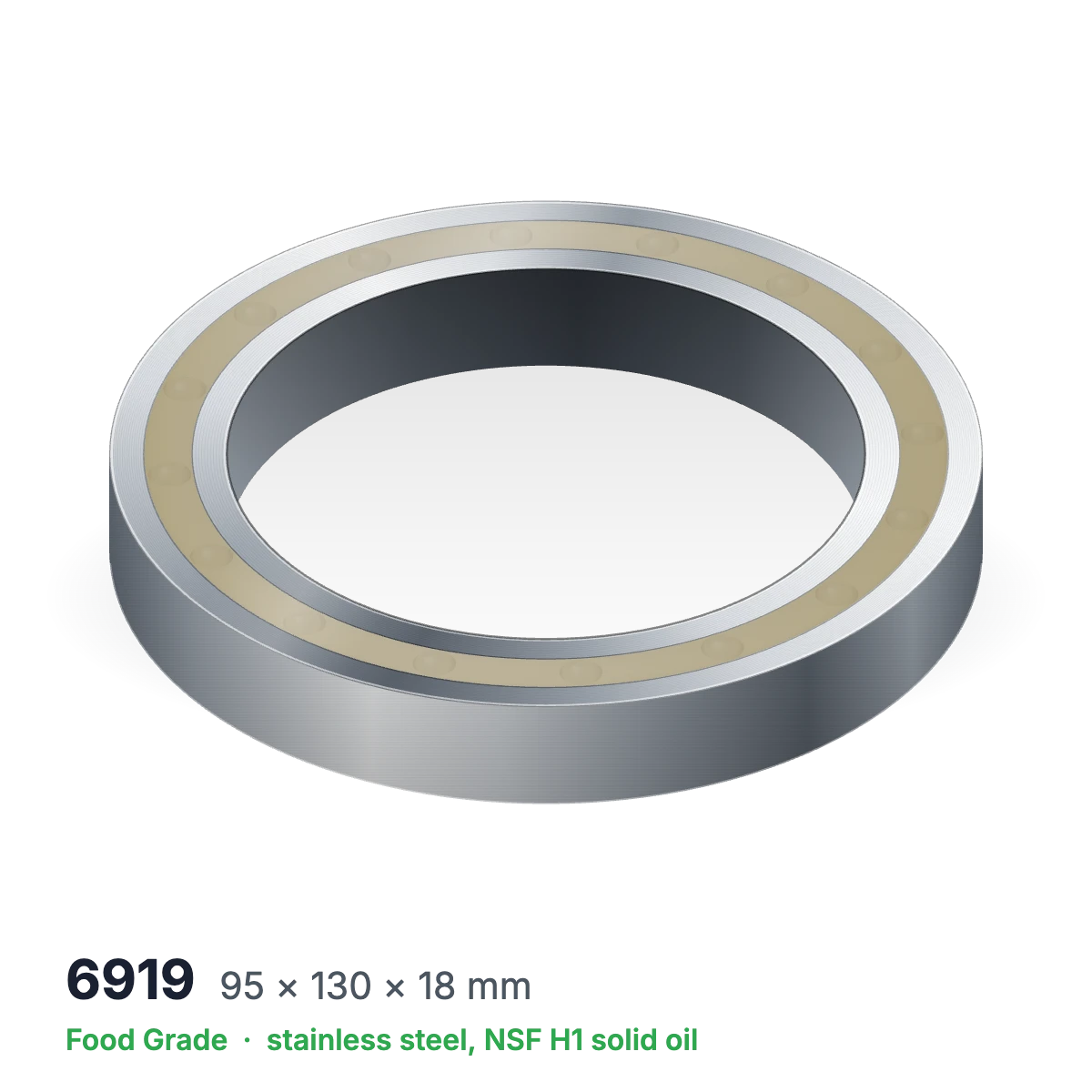 6919 food grade solid oil ball bearing, 95 × 130 × 18 mm, stainless steel with NSF H1 solid oil
