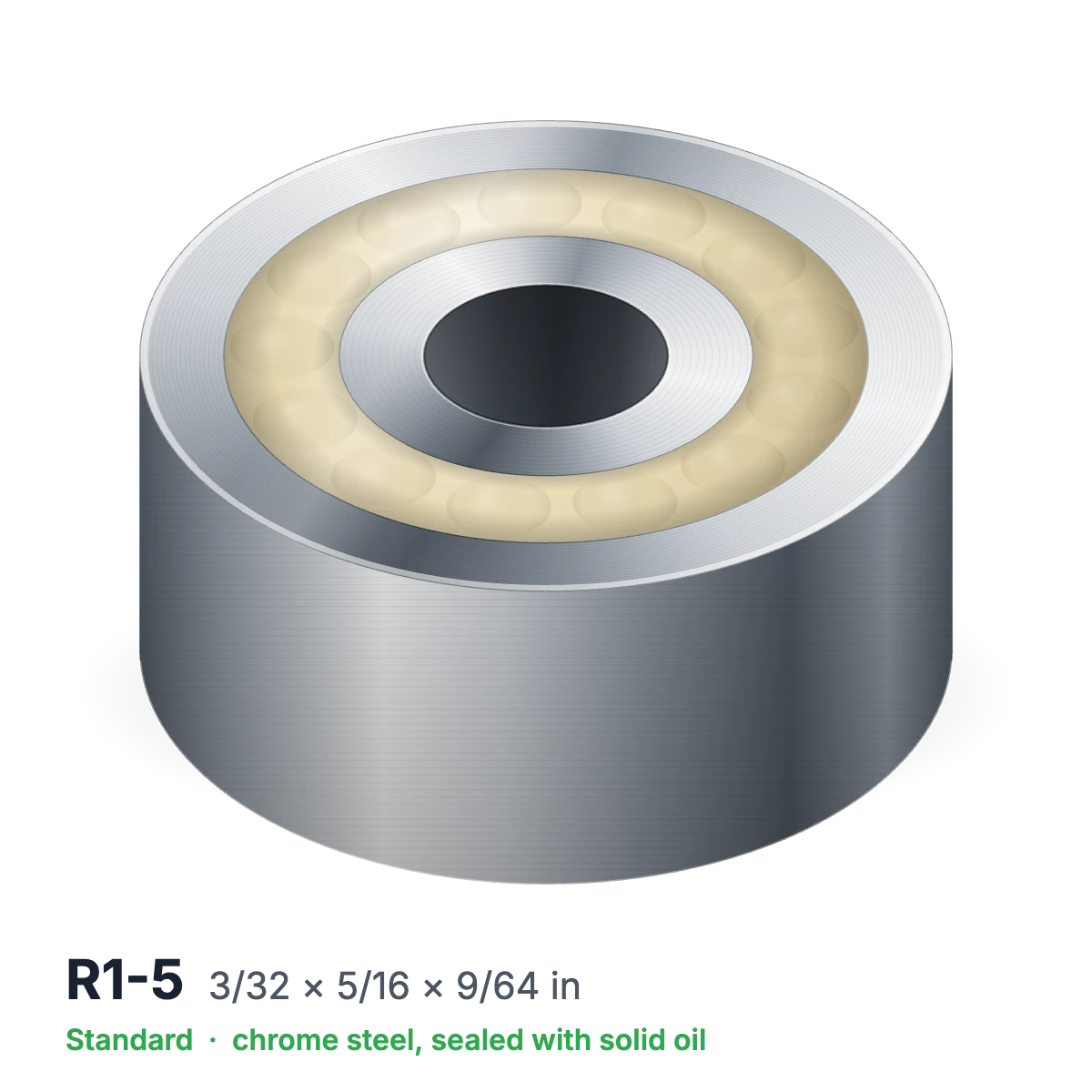 R1-5 solid oil ball bearing, 3/32 × 5/16 × 9/64 in, chrome steel, sealed with solid oil