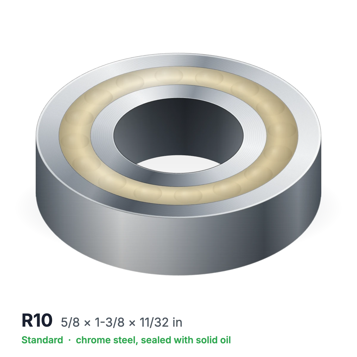 R10 solid oil ball bearing, 5/8 × 1-3/8 × 11/32 in, chrome steel, sealed with solid oil
