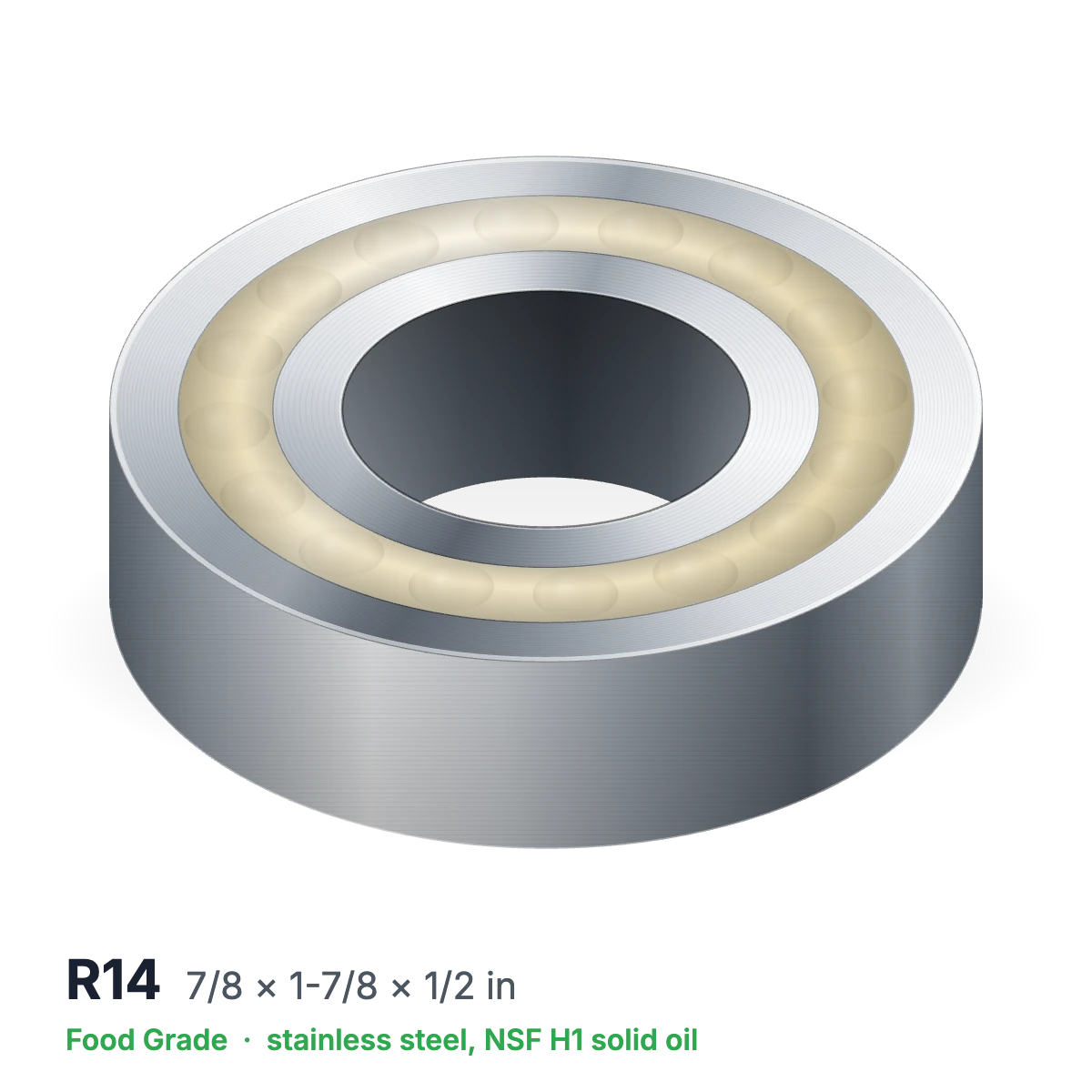 R14 food grade solid oil ball bearing, 7/8 × 1-7/8 × 1/2 in, stainless steel with NSF H1 solid oil