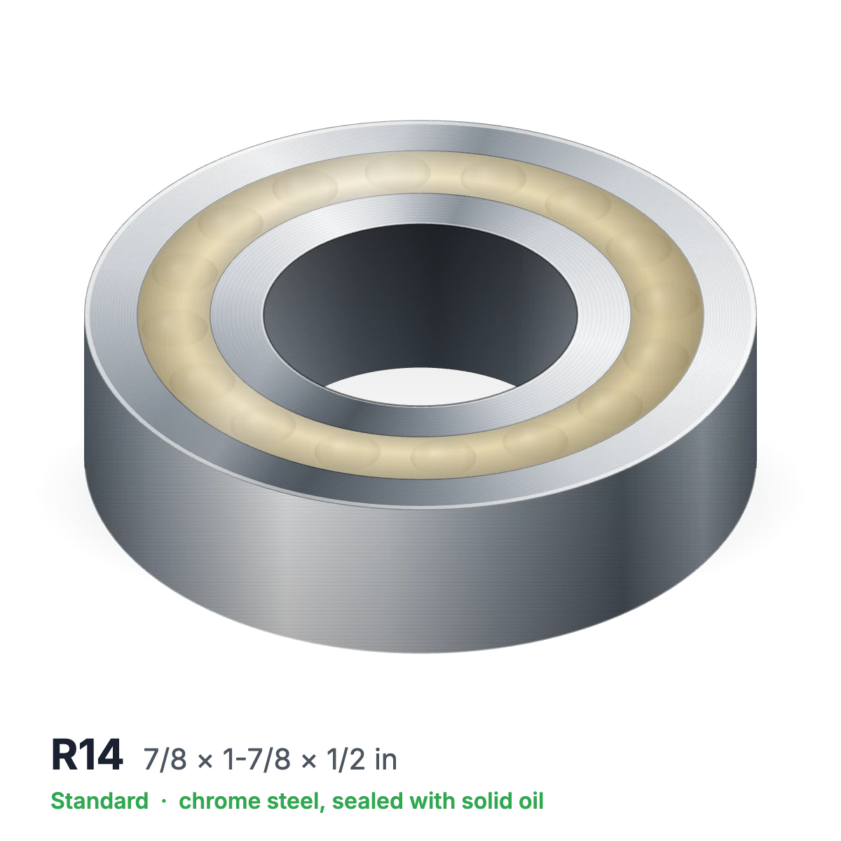 R14 solid oil ball bearing, 7/8 × 1-7/8 × 1/2 in, chrome steel, sealed with solid oil