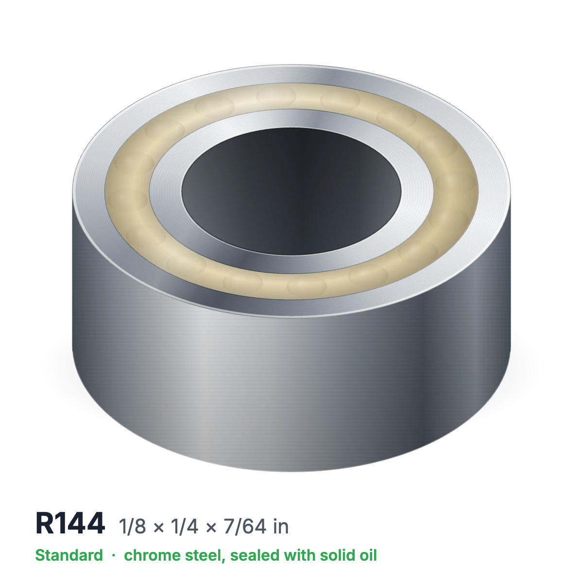 R144 solid oil ball bearing, 1/8 × 1/4 × 7/64 in, chrome steel, sealed with solid oil