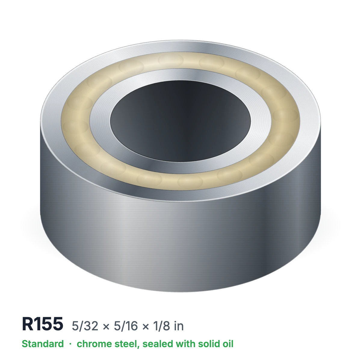 R155 solid oil ball bearing, 5/32 × 5/16 × 1/8 in, chrome steel, sealed with solid oil