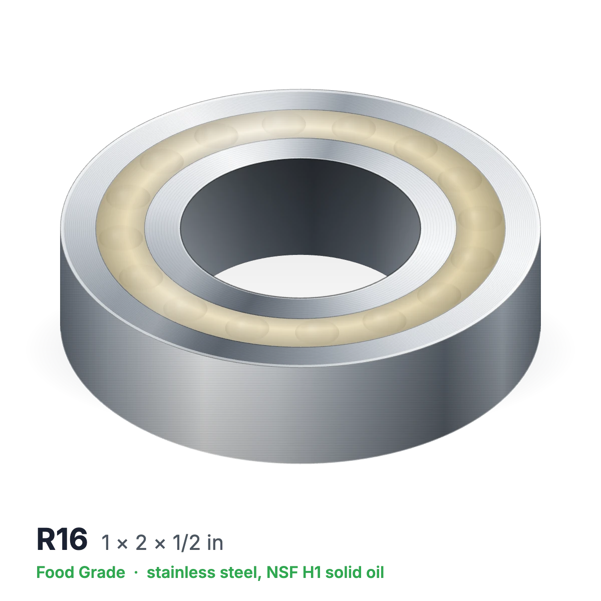 R16 food grade solid oil ball bearing, 1 × 2 × 1/2 in, stainless steel with NSF H1 solid oil