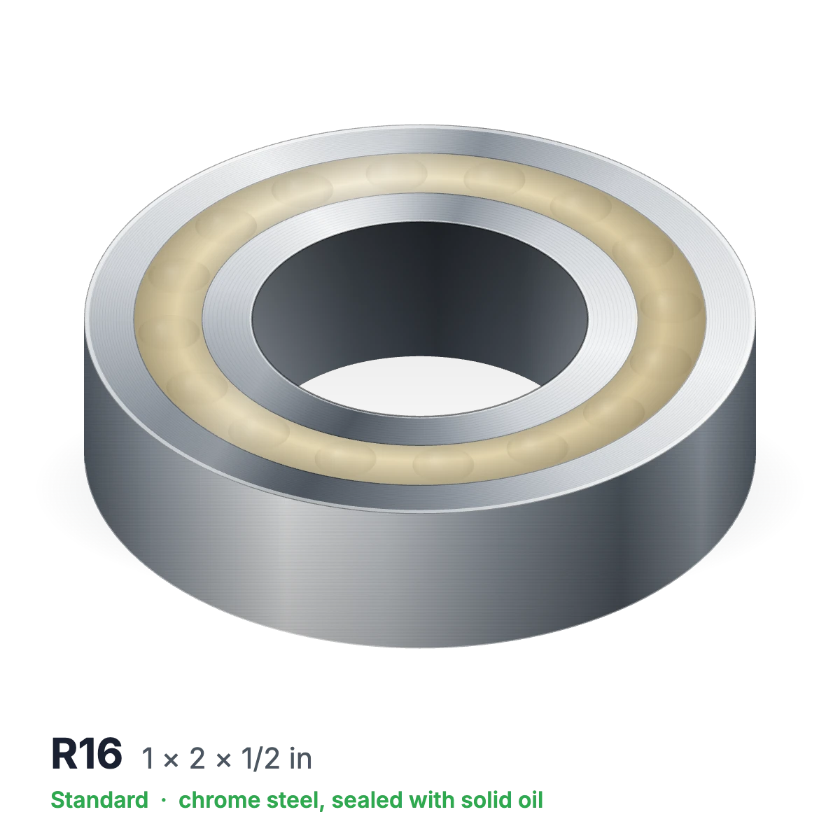 R16 solid oil ball bearing, 1 × 2 × 1/2 in, chrome steel, sealed with solid oil