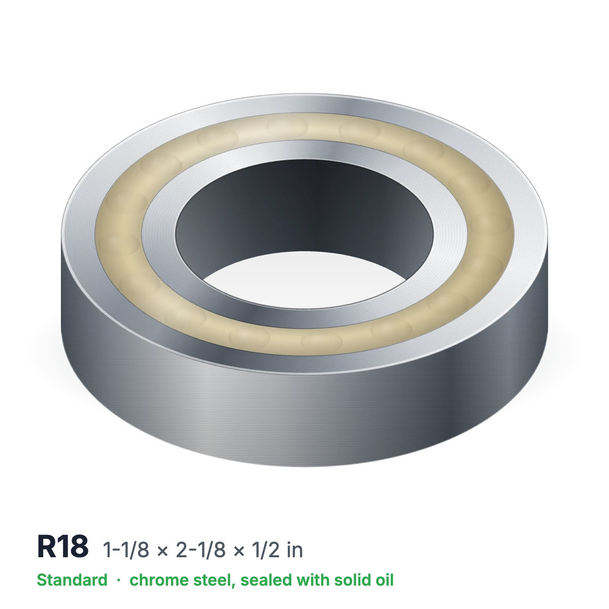 R18 solid oil ball bearing, 1-1/8 × 2-1/8 × 1/2 in, chrome steel, sealed with solid oil