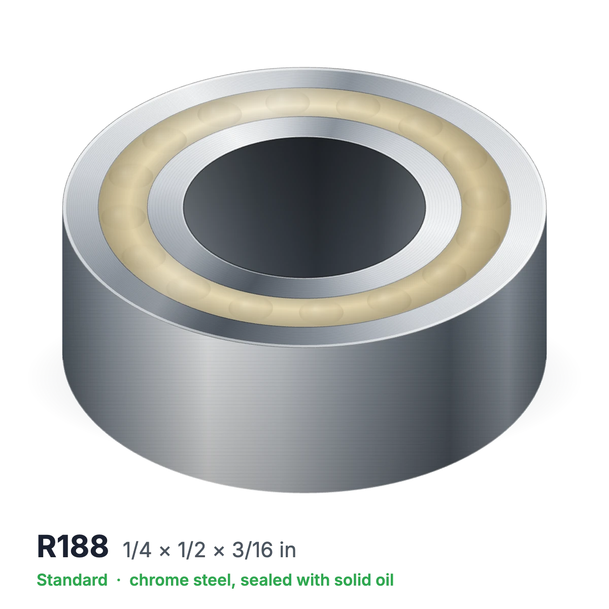 R188 solid oil ball bearing, 1/4 × 1/2 × 3/16 in, chrome steel, sealed with solid oil