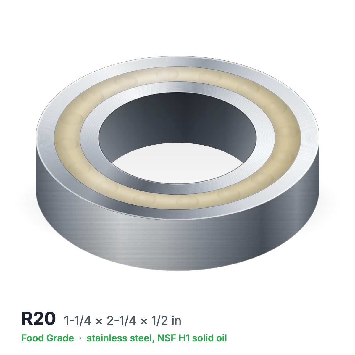 R20 food grade solid oil ball bearing, 1-1/4 × 2-1/4 × 1/2 in, stainless steel with NSF H1 solid oil