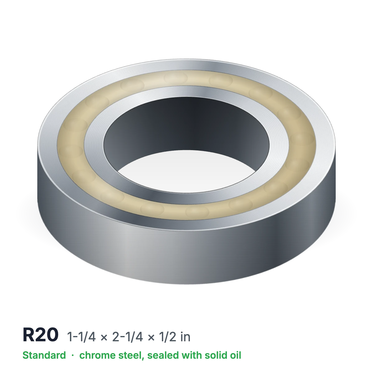 R20 solid oil ball bearing, 1-1/4 × 2-1/4 × 1/2 in, chrome steel, sealed with solid oil