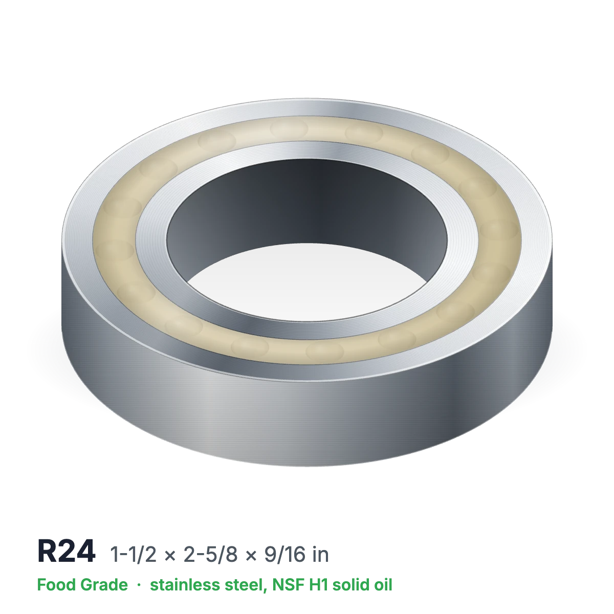 R24 food grade solid oil ball bearing, 1-1/2 × 2-5/8 × 9/16 in, stainless steel with NSF H1 solid oil