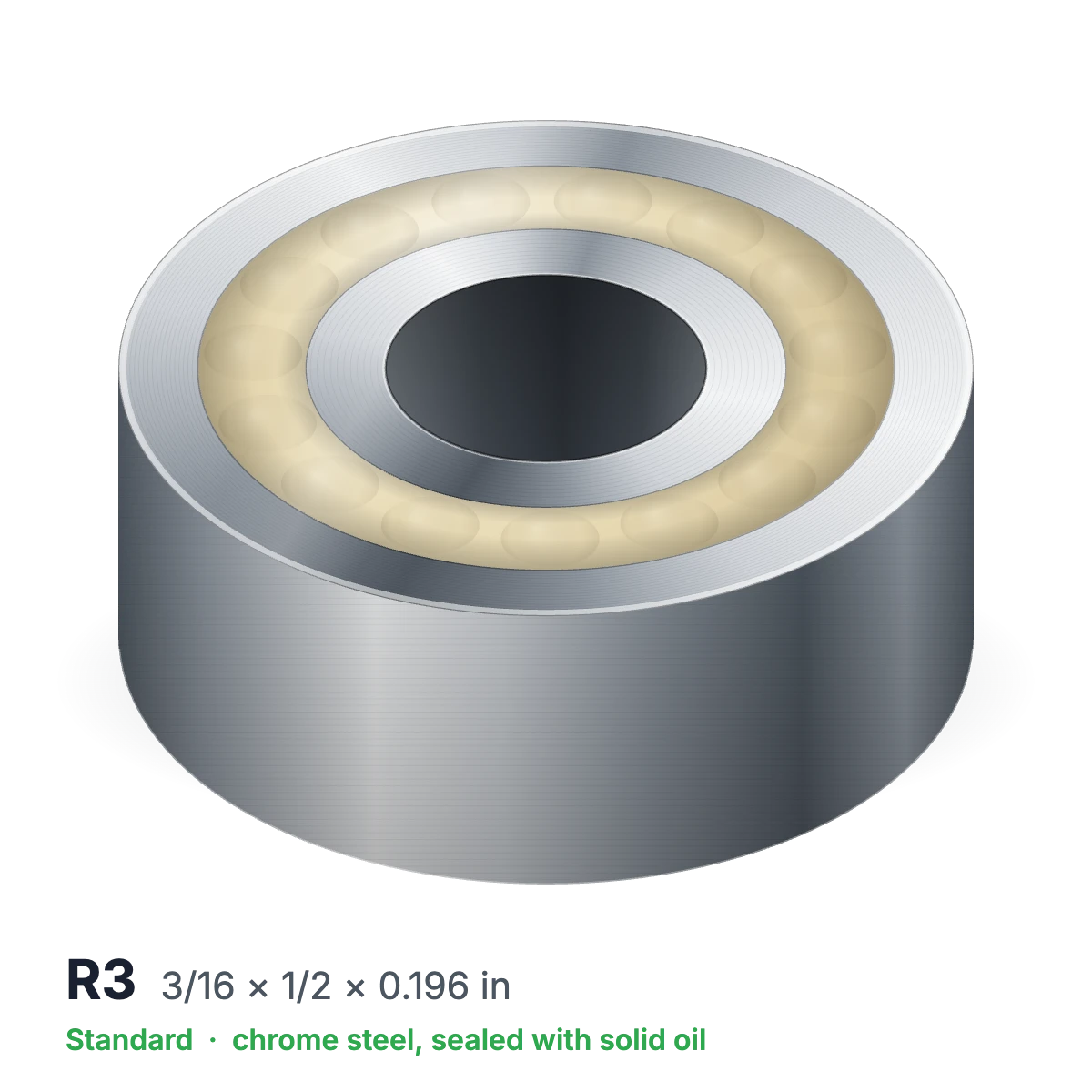 R3 solid oil ball bearing, 3/16 × 1/2 × 0.196 in, chrome steel, sealed with solid oil