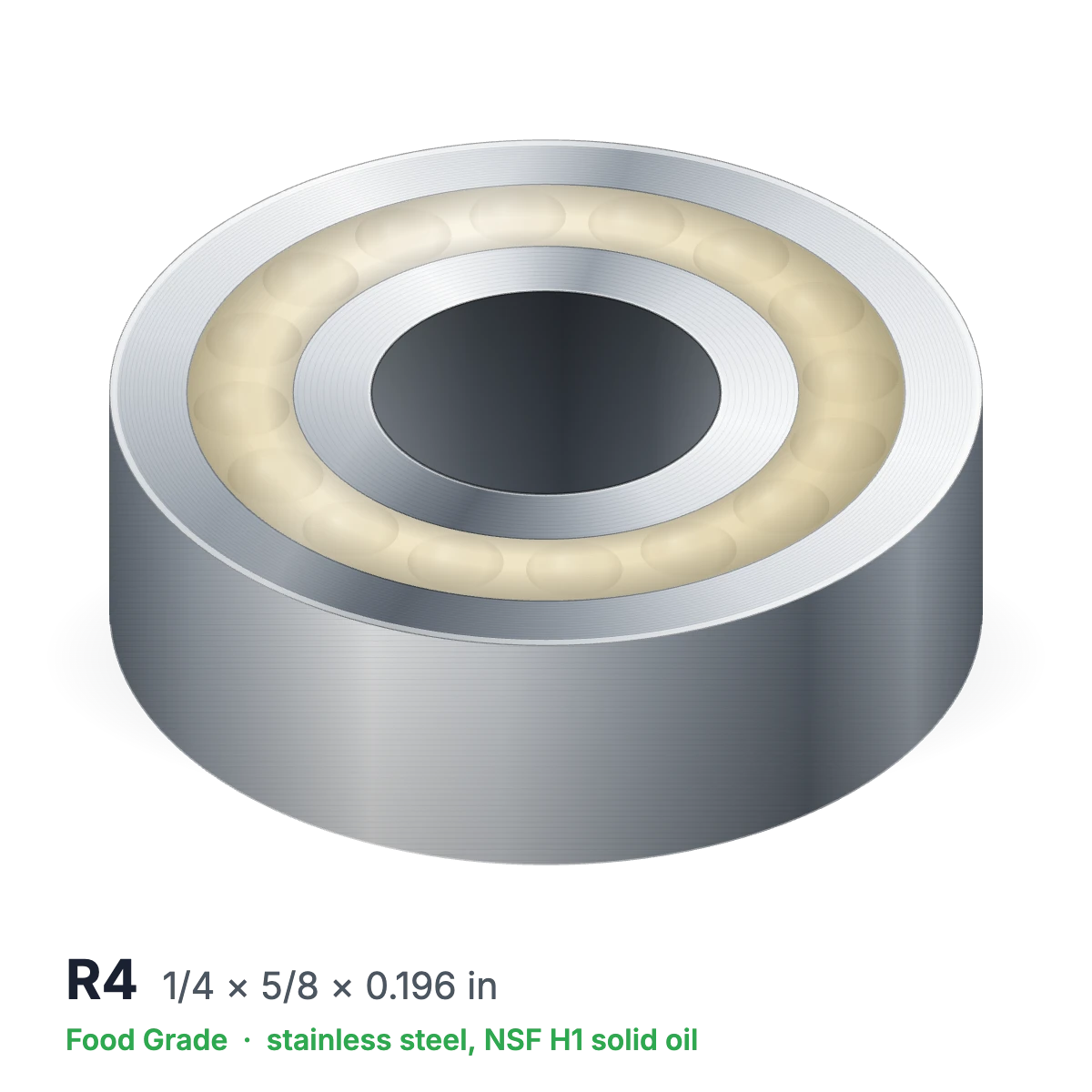 R4 food grade solid oil ball bearing, 1/4 × 5/8 × 0.196 in, stainless steel with NSF H1 solid oil