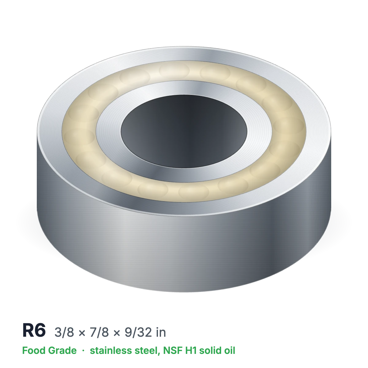 R6 food grade solid oil ball bearing, 3/8 × 7/8 × 9/32 in, stainless steel with NSF H1 solid oil
