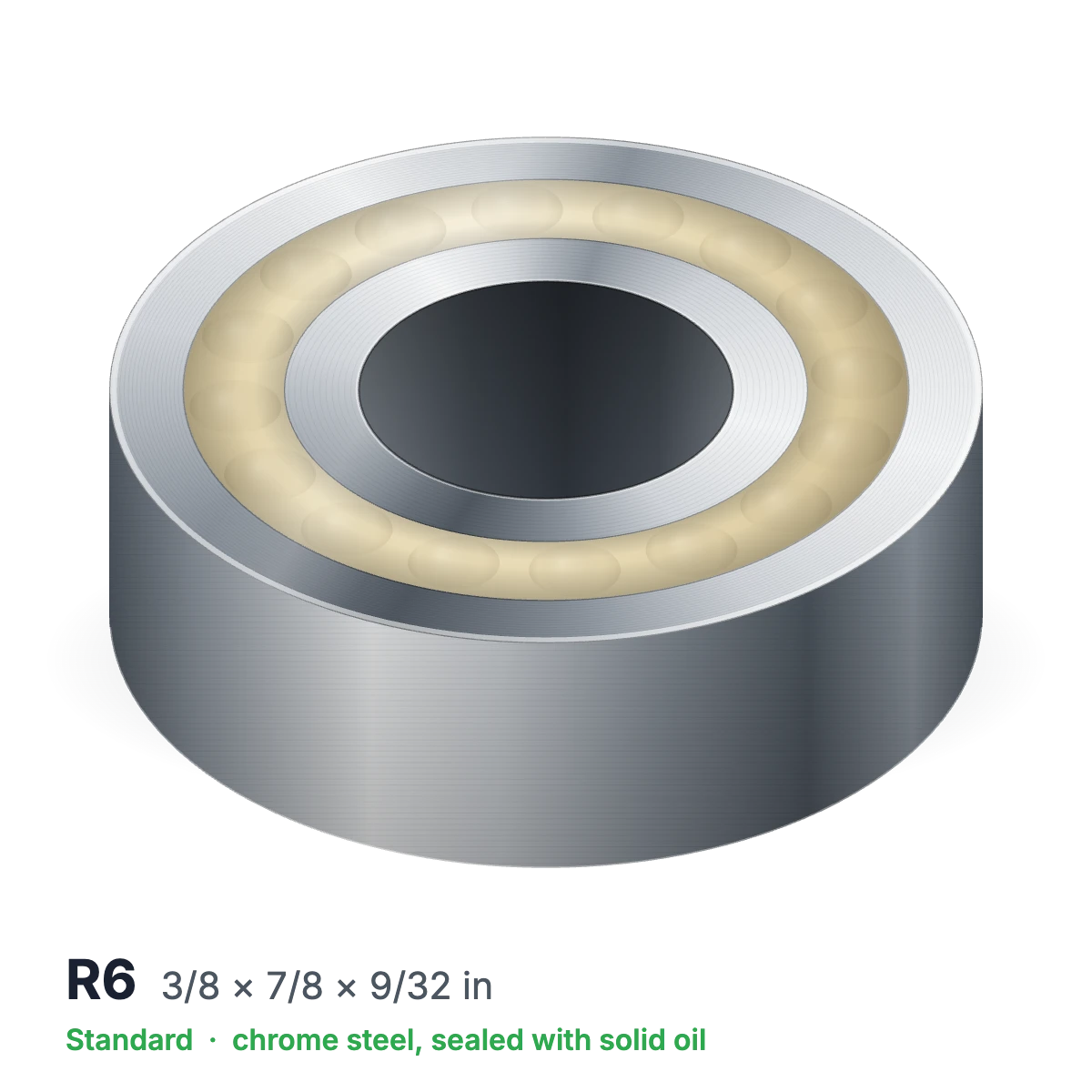 R6 solid oil ball bearing, 3/8 × 7/8 × 9/32 in, chrome steel, sealed with solid oil
