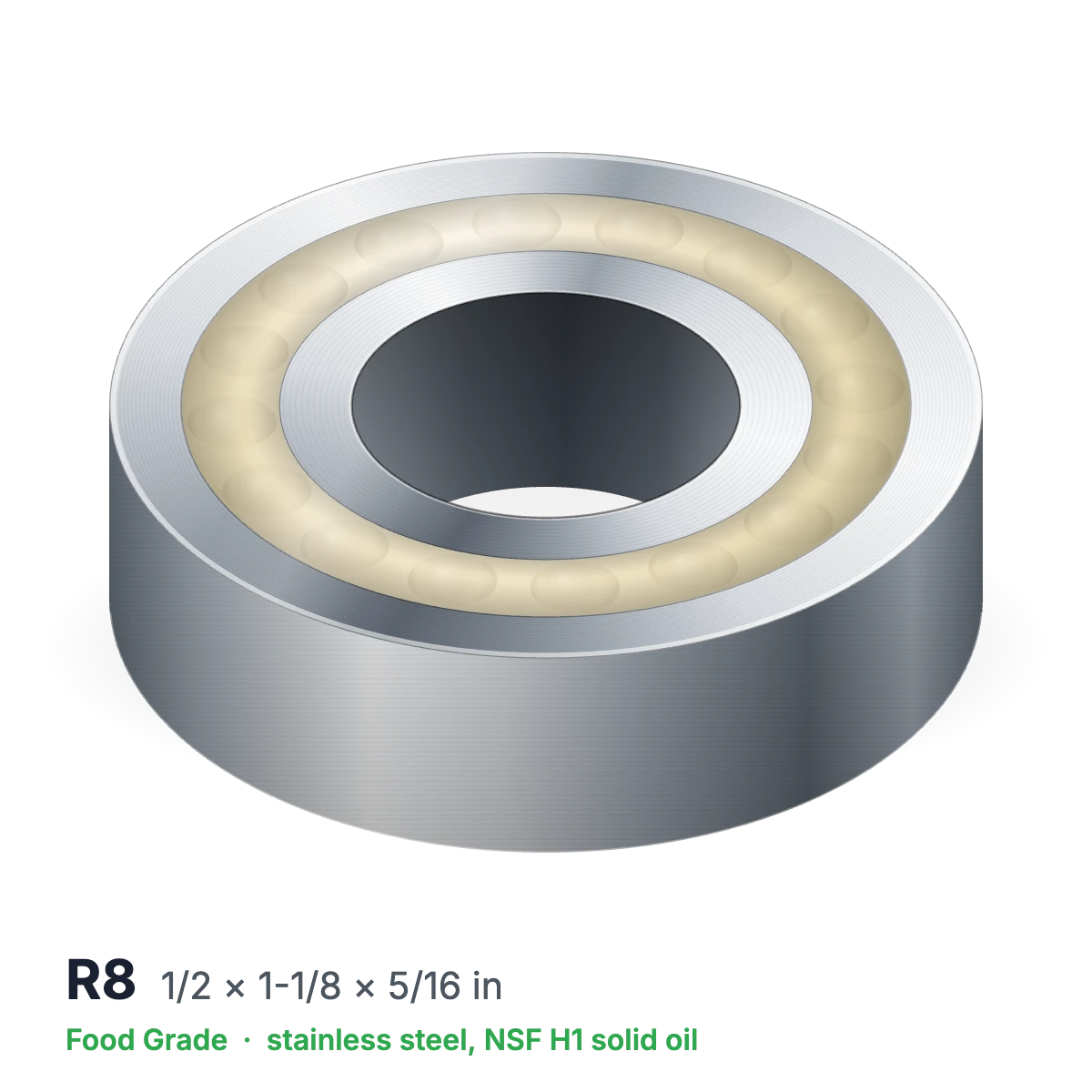 R8 food grade solid oil ball bearing, 1/2 × 1-1/8 × 5/16 in, stainless steel with NSF H1 solid oil